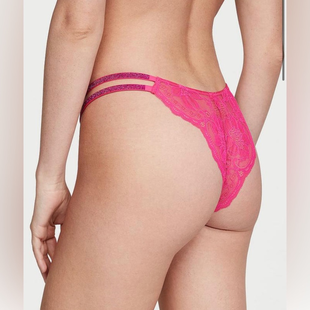 NWT VS Double Shine Strap Lace Brazilian Panty - Pink